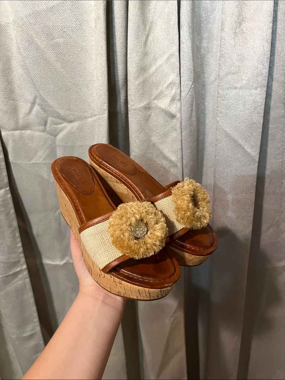Coach Tan and Cream Wedge Slide Sandals with Pom-Pom Detail